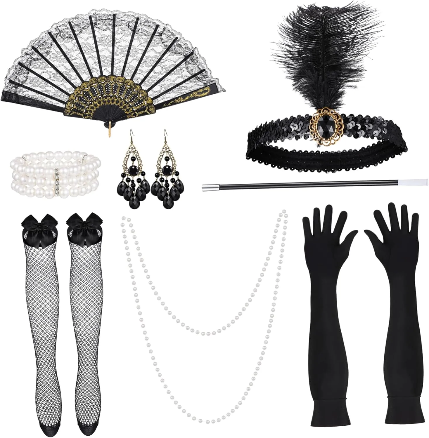 Costume for Women Flapper Prom Suit Pearl Necklace Earrings Headband Gloves Bracelet 1920s Style Accessories