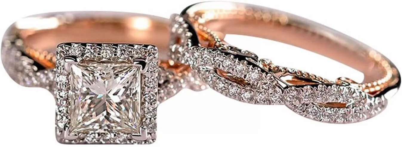 Couple Ring Bridal Sets His Hers Women Gold Plated Cz Men Wedding Ring Band Set,Anniversary Promise Rings for Her