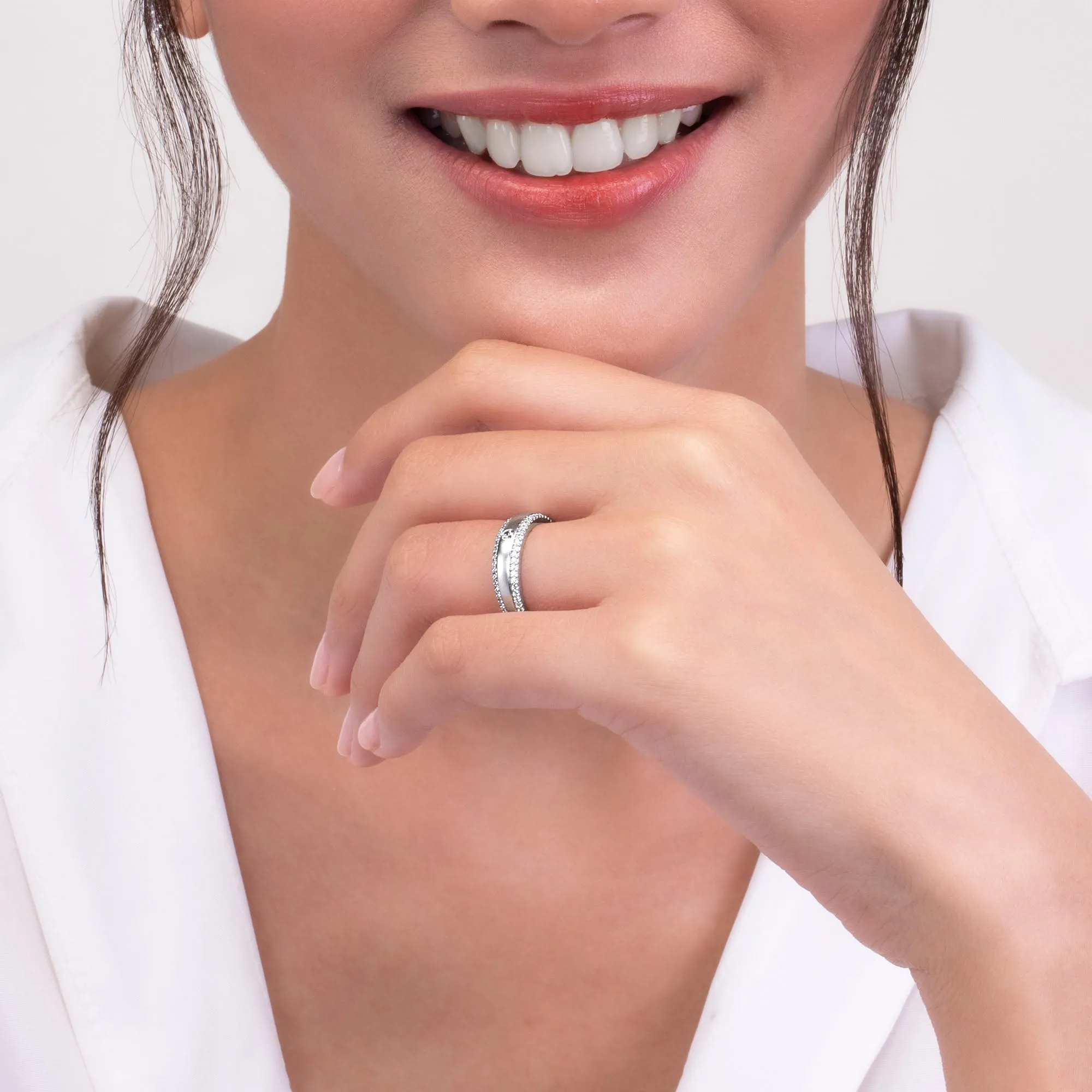 Couple Rings: Silver rhodium plated 2.25 mm round cut CZ sandblasted band ring