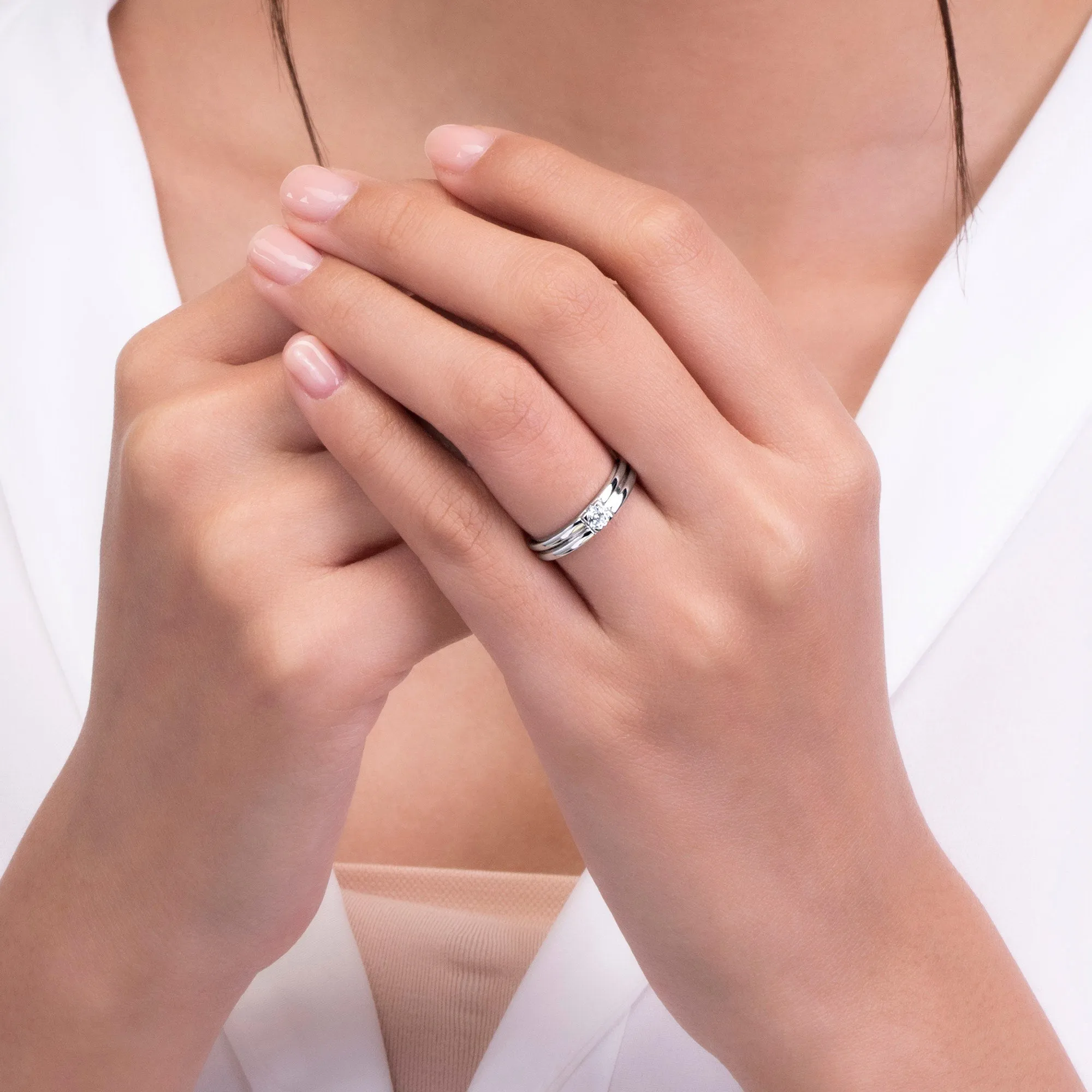 Couple Rings: Silver rhodium plated 3.5 mm 100 cuts CZ grove solitaire ring