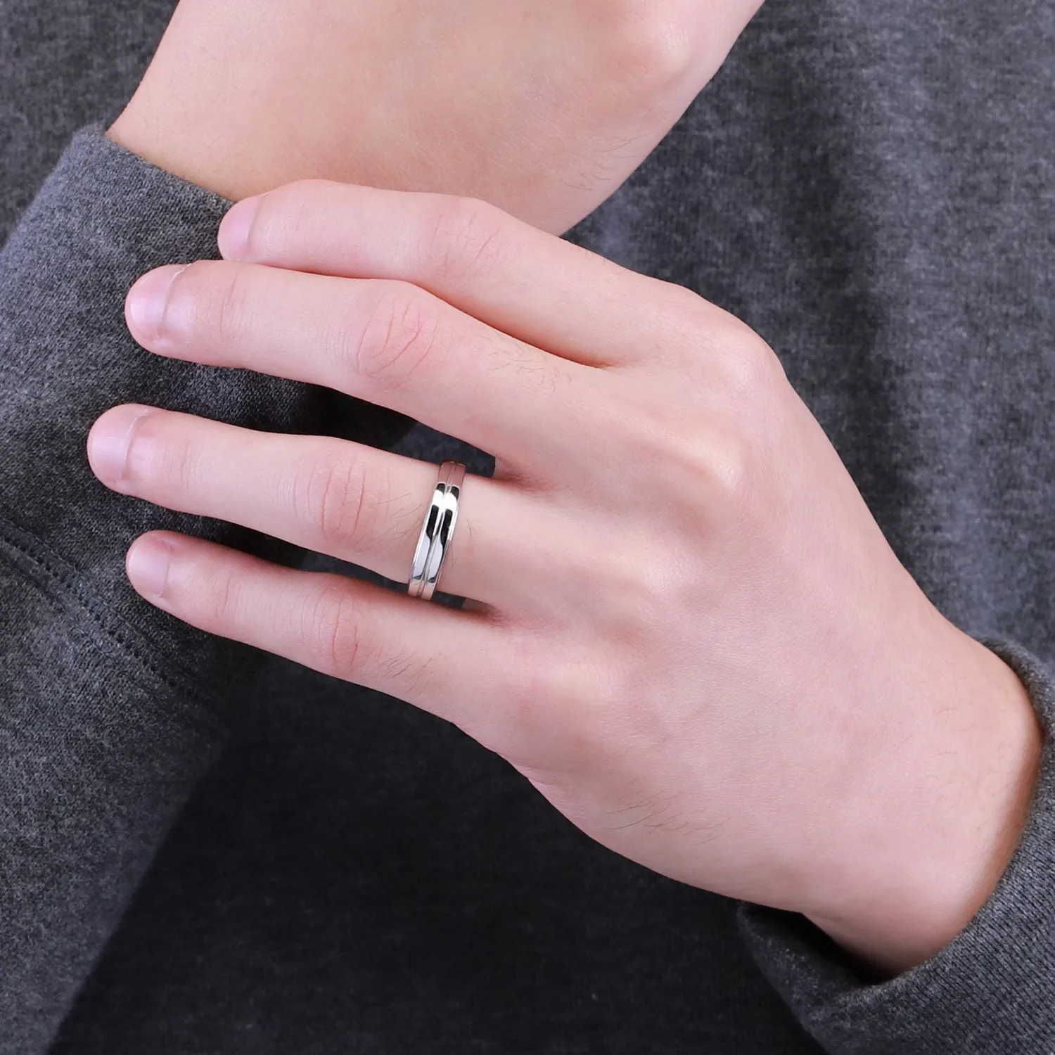 Couple Rings: Silver rhodium plated plain matt groove band ring