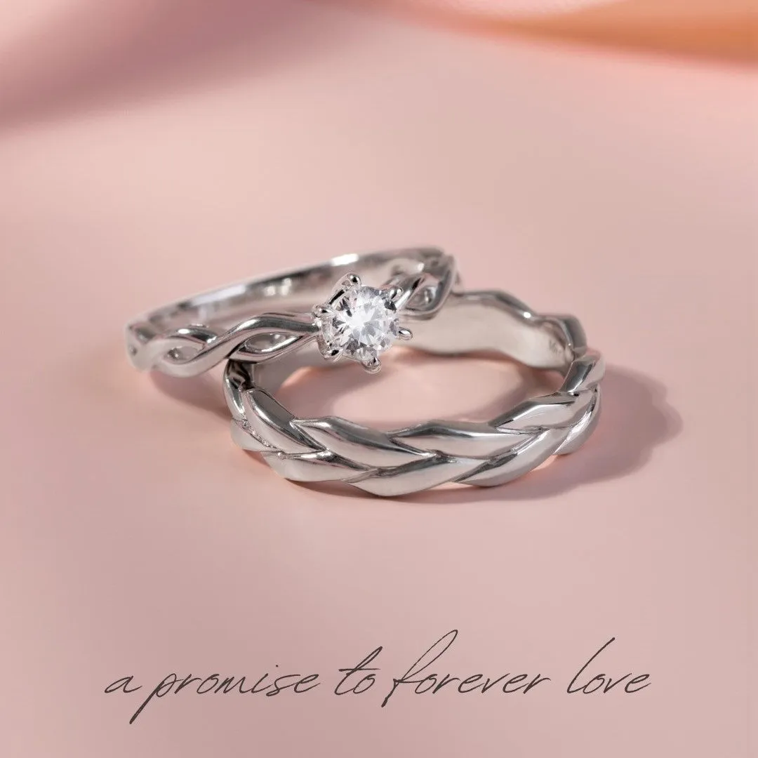 Couple Rings: Silver rhodium plated with 4.3 mm 100 cuts CZ twist braid solitaire ring