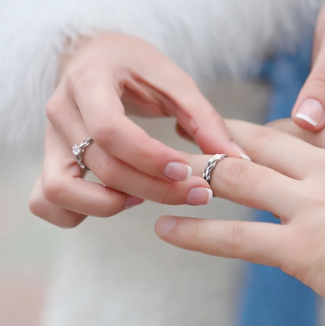 Couple Rings: Silver rhodium plated with 4.3 mm 100 cuts CZ twist braid solitaire ring