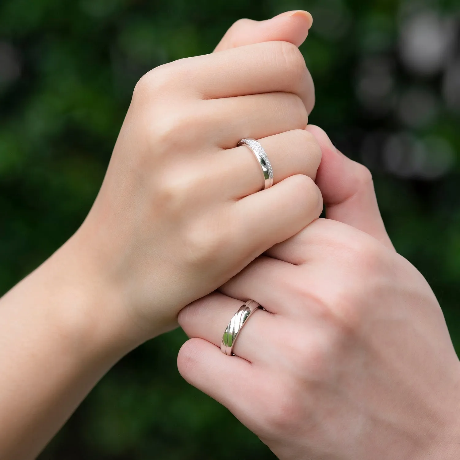 Couple Rings: Silver rhodium plated with CZ slant groove band ring