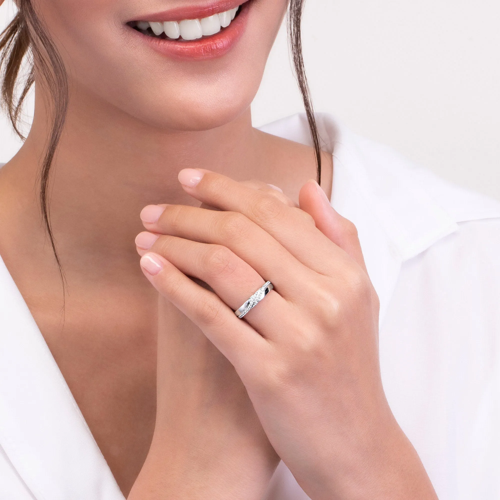 Couple Rings: Silver rhodium plated with CZ slant groove band ring