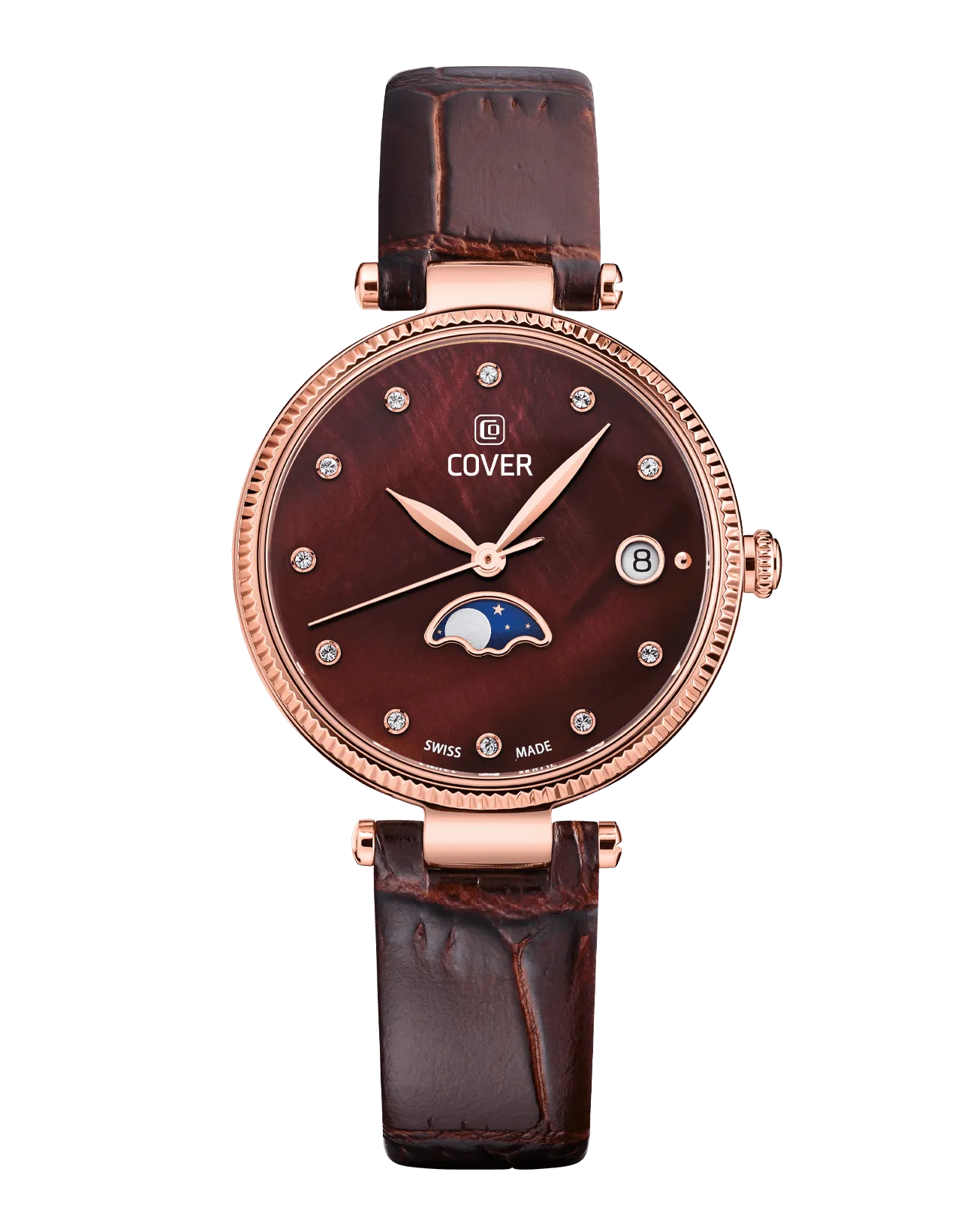 COVER Fly Me To The Moon Crystals Brown Pearl Leather, Rose gold Moon Phase Watch