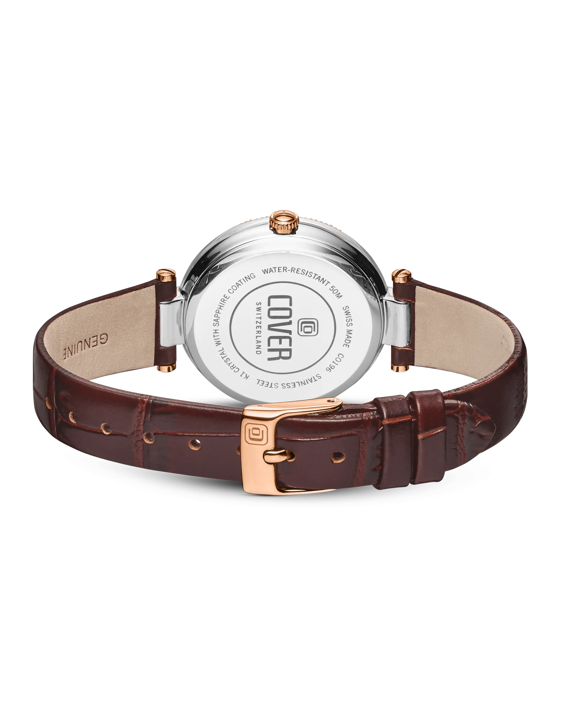 COVER Fly Me To The Moon Crystals Brown Pearl Leather, Rose gold Moon Phase Watch