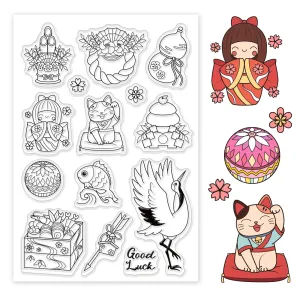 Craspire Oriental, Japanese, Cherry Blossom, Doll, Lucky Cat, Crane, Koi Clear Silicone Stamp Seal for Card Making Decoration and DIY Scrapbooking