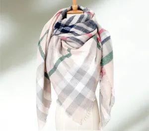 Cream, Pink, Gray & Blue Plaid Women's Blanket Scarf | Women Scarf | Gifts for Her | Women Shawl | Bridesmaid Scarf| Fall Scarf