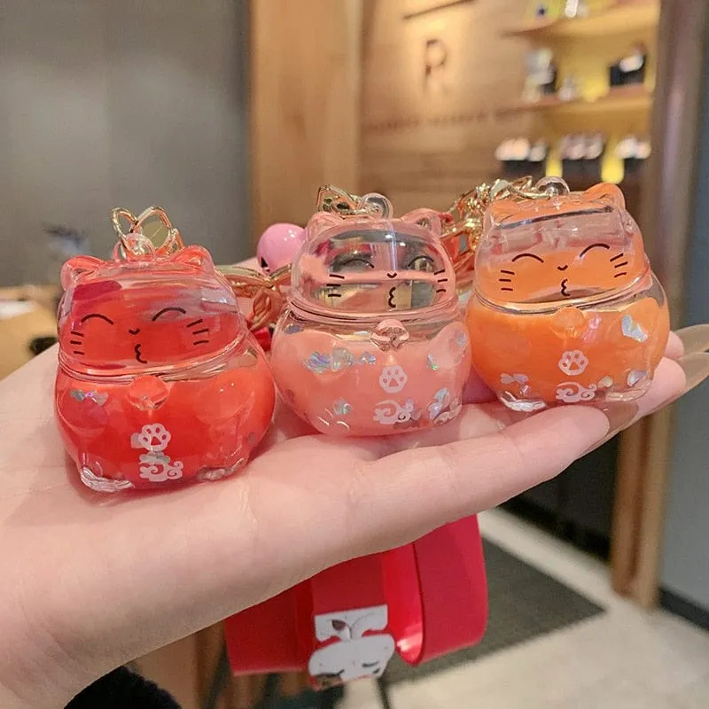 Creative Lucky Cat Transparent Floating Bottle Keychain