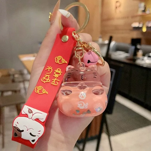 Creative Lucky Cat Transparent Floating Bottle Keychain
