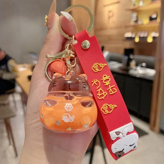 Creative Lucky Cat Transparent Floating Bottle Keychain