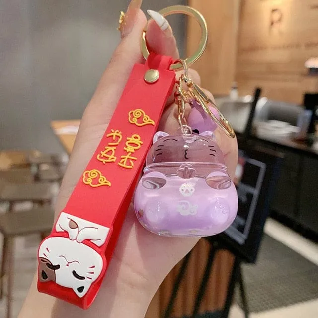 Creative Lucky Cat Transparent Floating Bottle Keychain