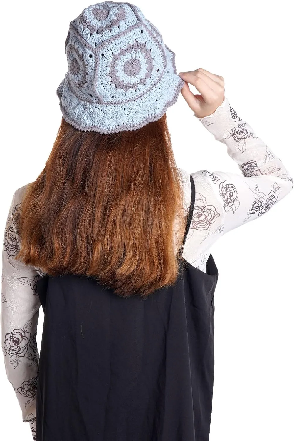 Crochet Bucket Hat Women, Knitted Bucket Hat Floral Knitted Hat, Crochet Hat for Black Women Fashion Outdoor Black