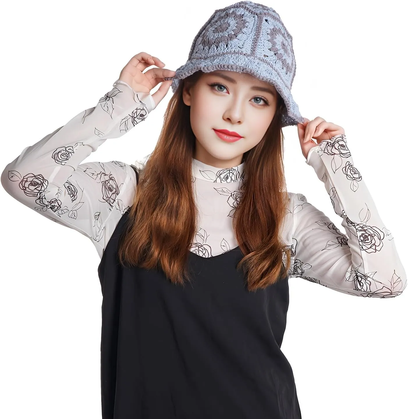 Crochet Bucket Hat Women, Knitted Bucket Hat Floral Knitted Hat, Crochet Hat for Black Women Fashion Outdoor Black