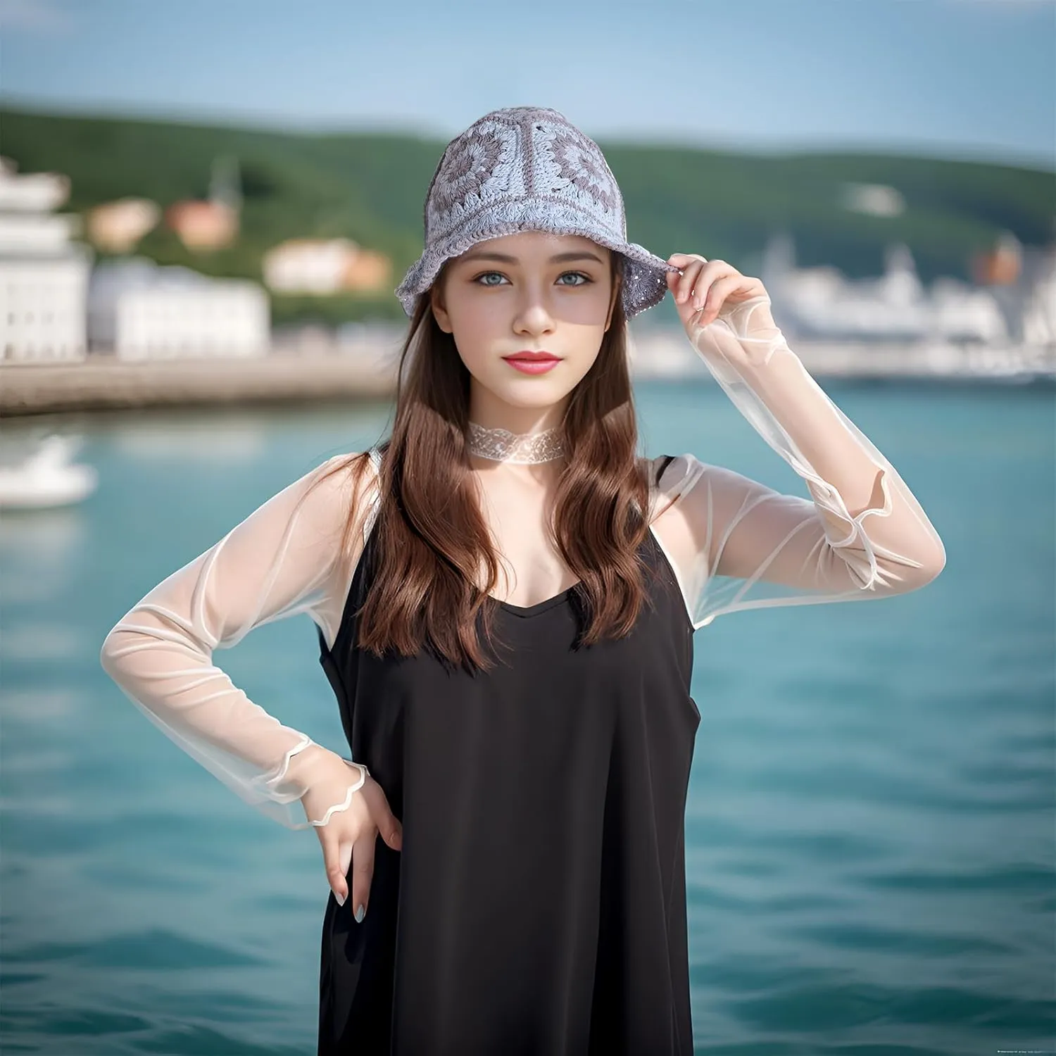 Crochet Bucket Hat Women, Knitted Bucket Hat Floral Knitted Hat, Crochet Hat for Black Women Fashion Outdoor Black