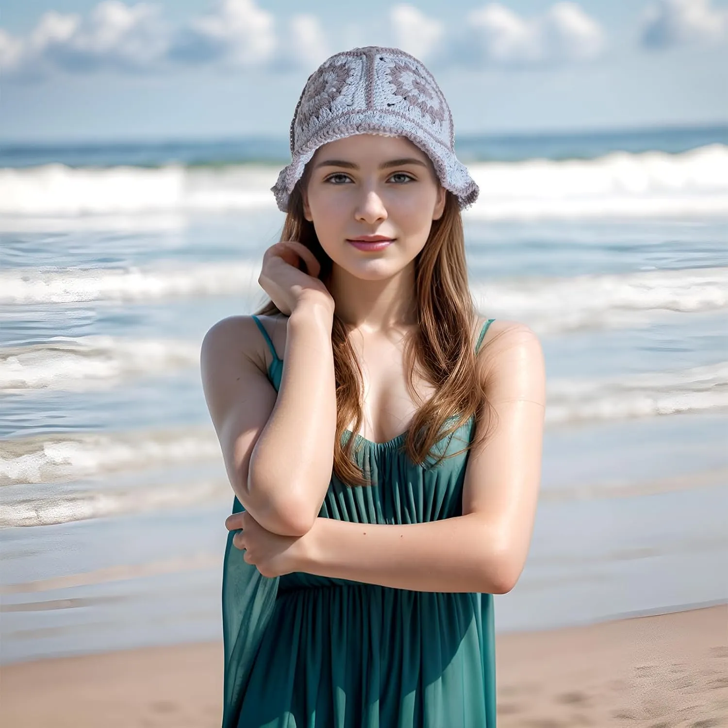 Crochet Bucket Hat Women, Knitted Bucket Hat Floral Knitted Hat, Crochet Hat for Black Women Fashion Outdoor Black