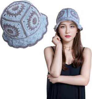 Crochet Bucket Hat Women, Knitted Bucket Hat Floral Knitted Hat, Crochet Hat for Black Women Fashion Outdoor Black