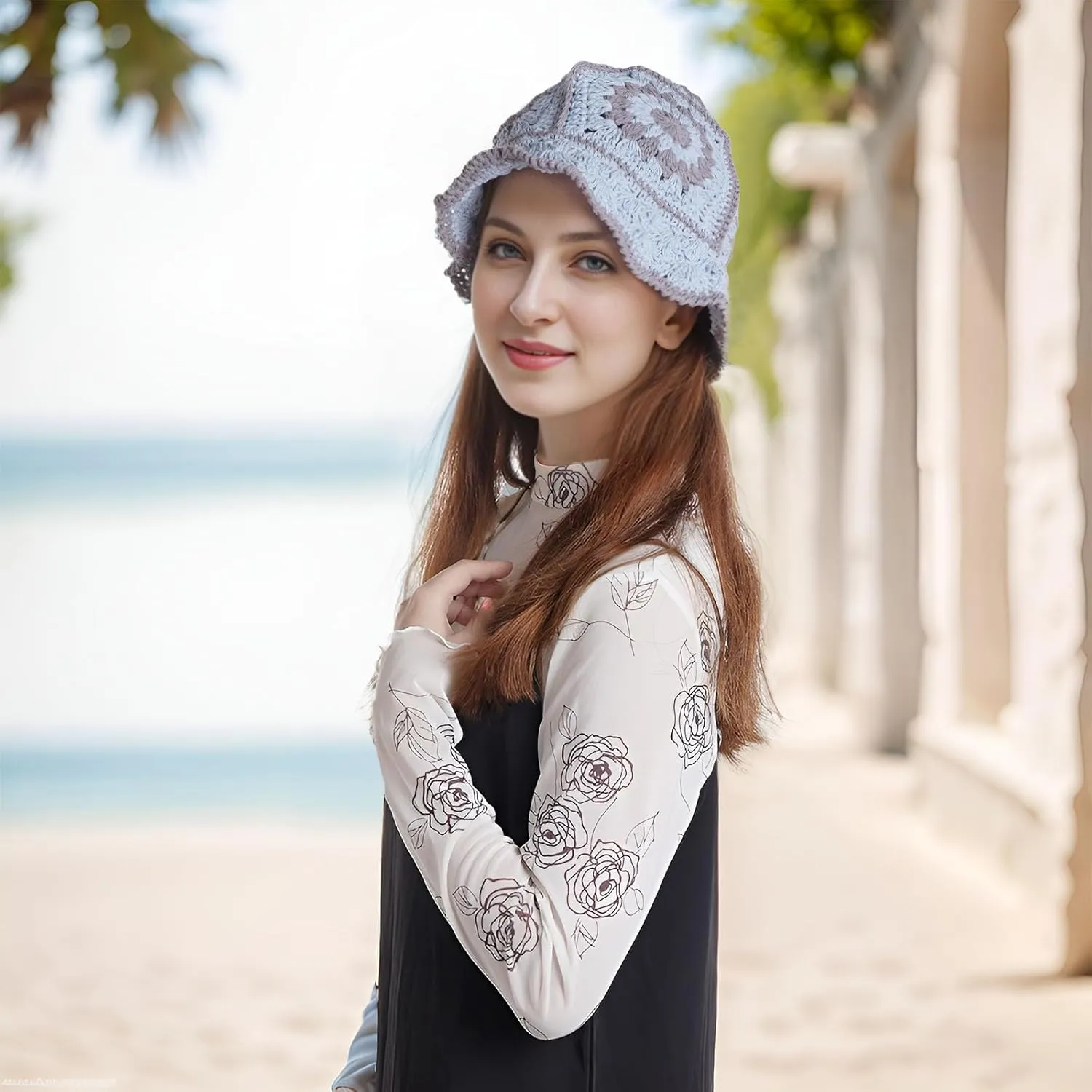 Crochet Bucket Hat Women, Knitted Bucket Hat Floral Knitted Hat, Crochet Hat for Black Women Fashion Outdoor Black