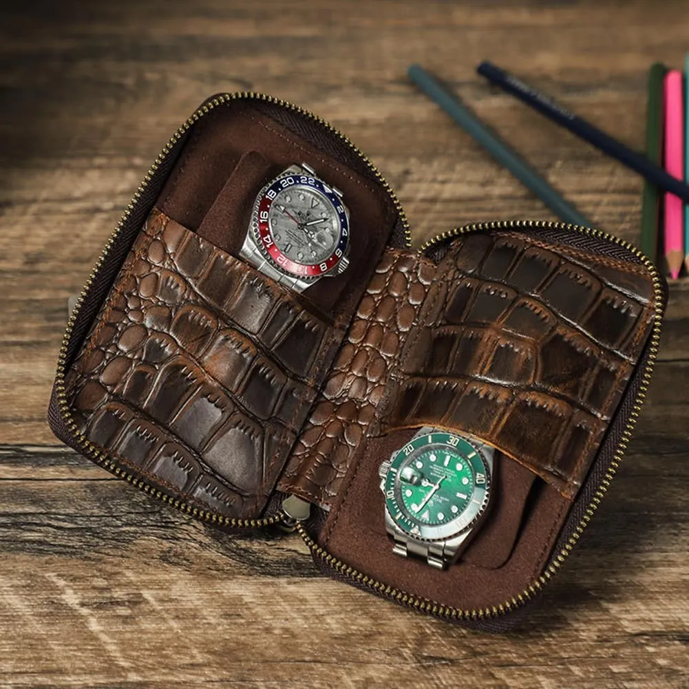 Crocodile-Patterned Leather Watch Storage Box - Elegant Double Watch Travel Organizer,CF1182