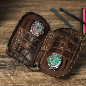 Crocodile-Patterned Leather Watch Storage Box - Elegant Double Watch Travel Organizer,CF1182