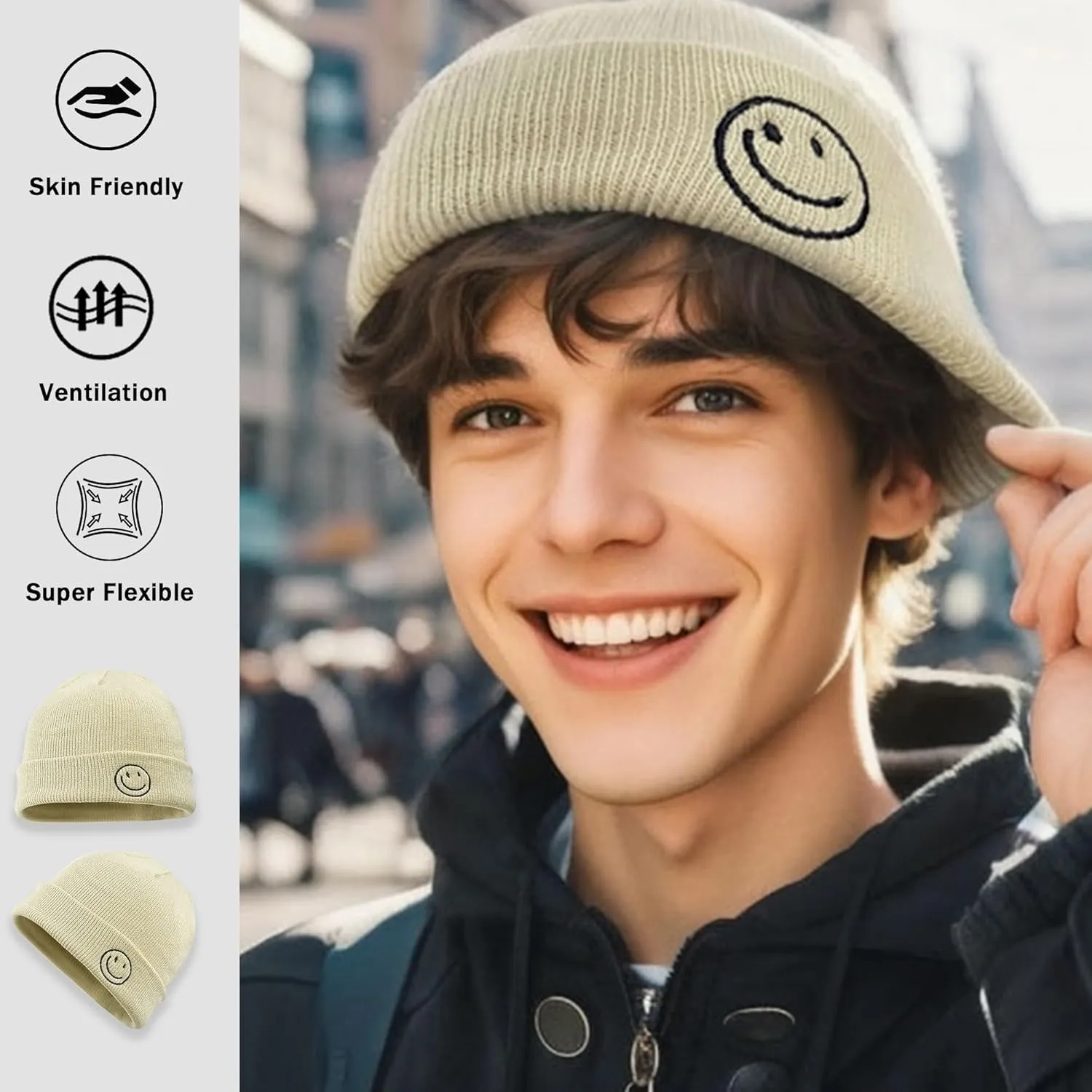 Croogo Winter Warm Beanie for Men Women Cotton Watch Cap Smile Face Embroidered Beanies Hat Funny Beanies Hat