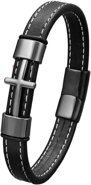 Cross Bracelet for Men Black Leather Christian Cross Bracelets Rope Cuff Bracelet Birthday Christmas Graduation Gifts for Him
