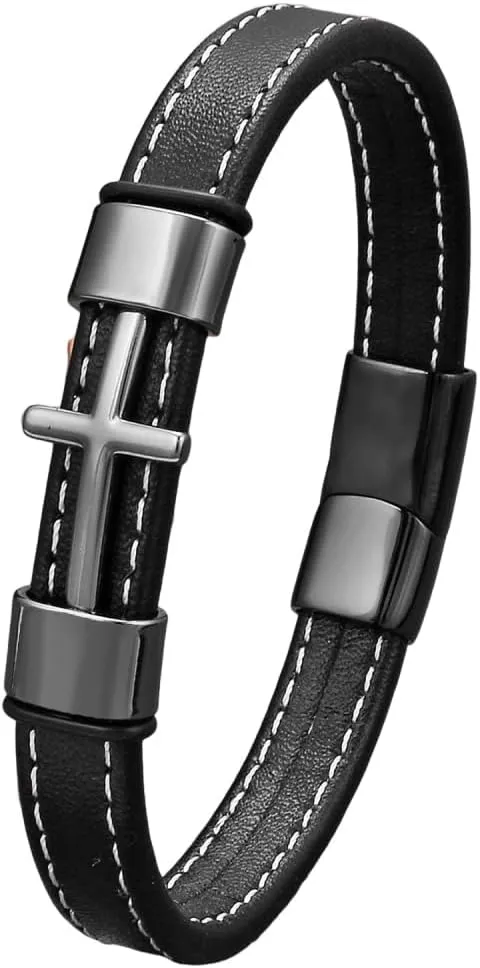 Cross Bracelet for Men Black Leather Christian Cross Bracelets Rope Cuff Bracelet Birthday Christmas Graduation Gifts for Him