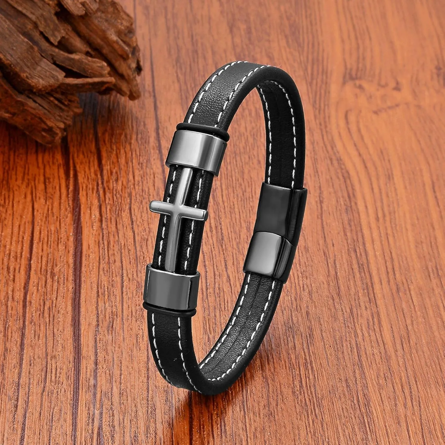 Cross Bracelet for Men Black Leather Christian Cross Bracelets Rope Cuff Bracelet Birthday Christmas Graduation Gifts for Him