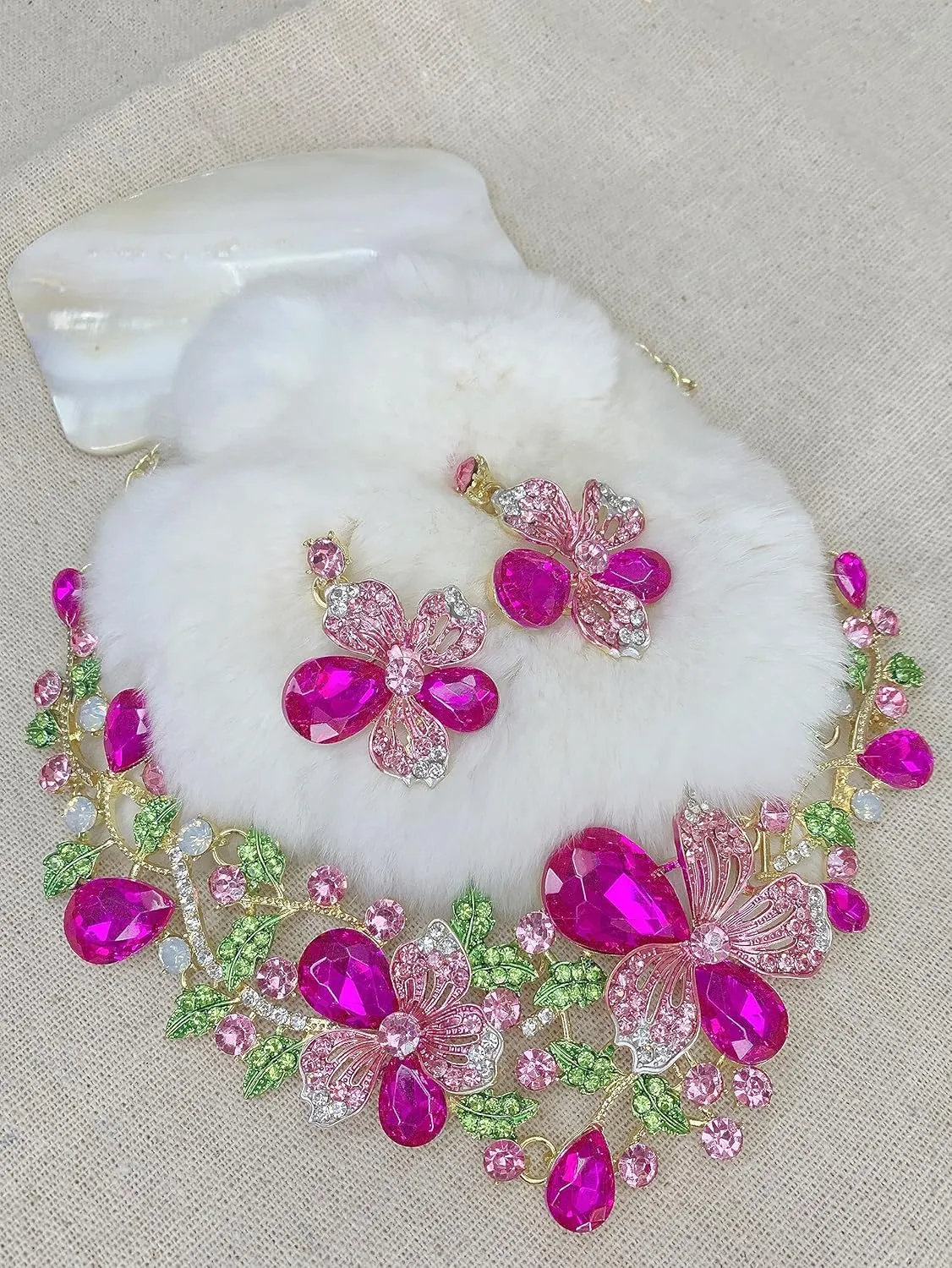 Crystal Flower Bib Statement Necklace Set Chunky Diamond Flower Statement Necklace & Earrings Drama Bib Collar Jewelry Set for Women Prom Party Jewelry