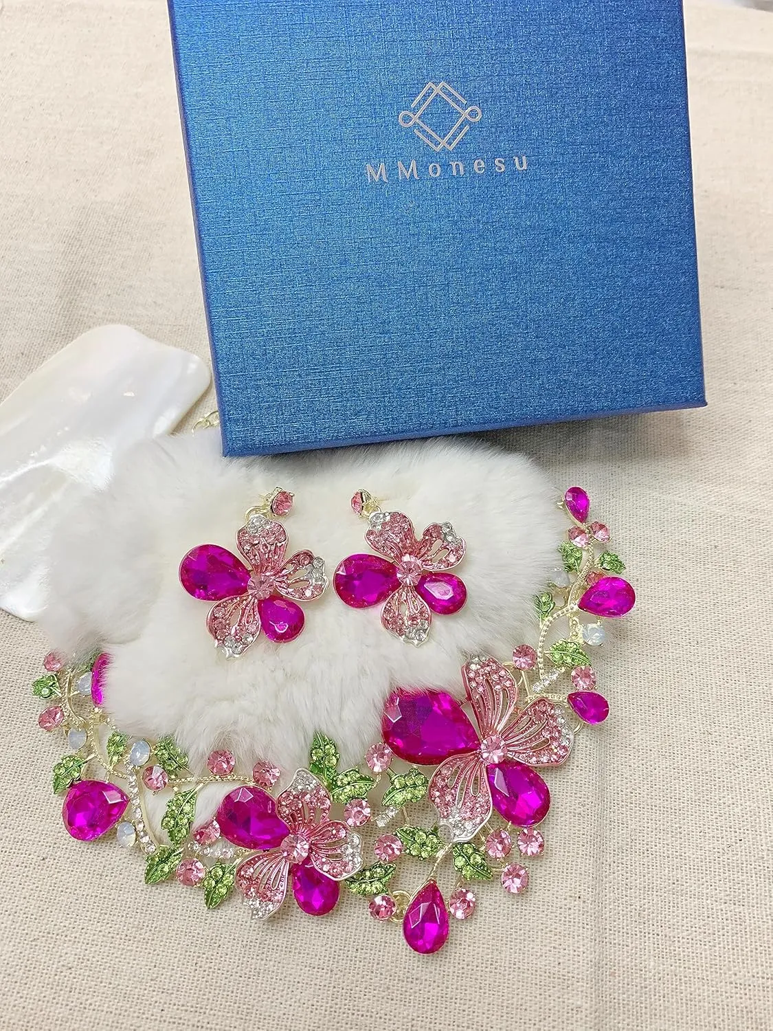 Crystal Flower Bib Statement Necklace Set Chunky Diamond Flower Statement Necklace & Earrings Drama Bib Collar Jewelry Set for Women Prom Party Jewelry