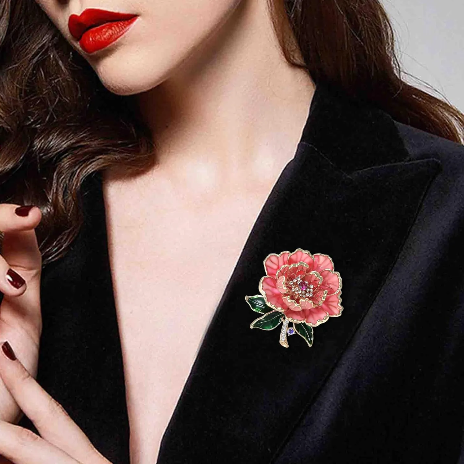 Crystal Peony Flower Brooch Pins for Women Elegant Enamel Rhinestone Pearl Floral Brooches Pin Fashion Jewelry for Party Dance Wedding Banquet Brooch for Women Girl Gift