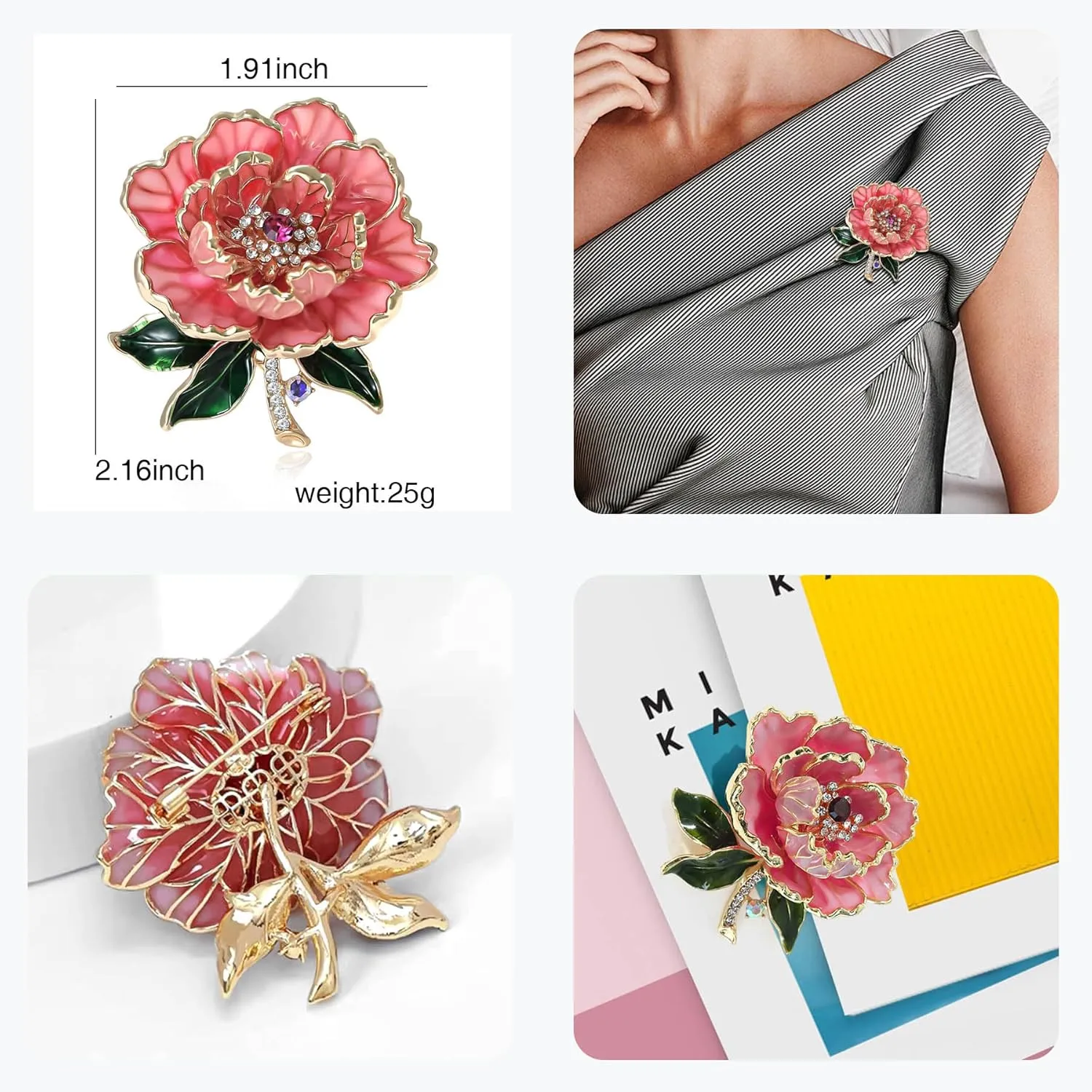 Crystal Peony Flower Brooch Pins for Women Elegant Enamel Rhinestone Pearl Floral Brooches Pin Fashion Jewelry for Party Dance Wedding Banquet Brooch for Women Girl Gift