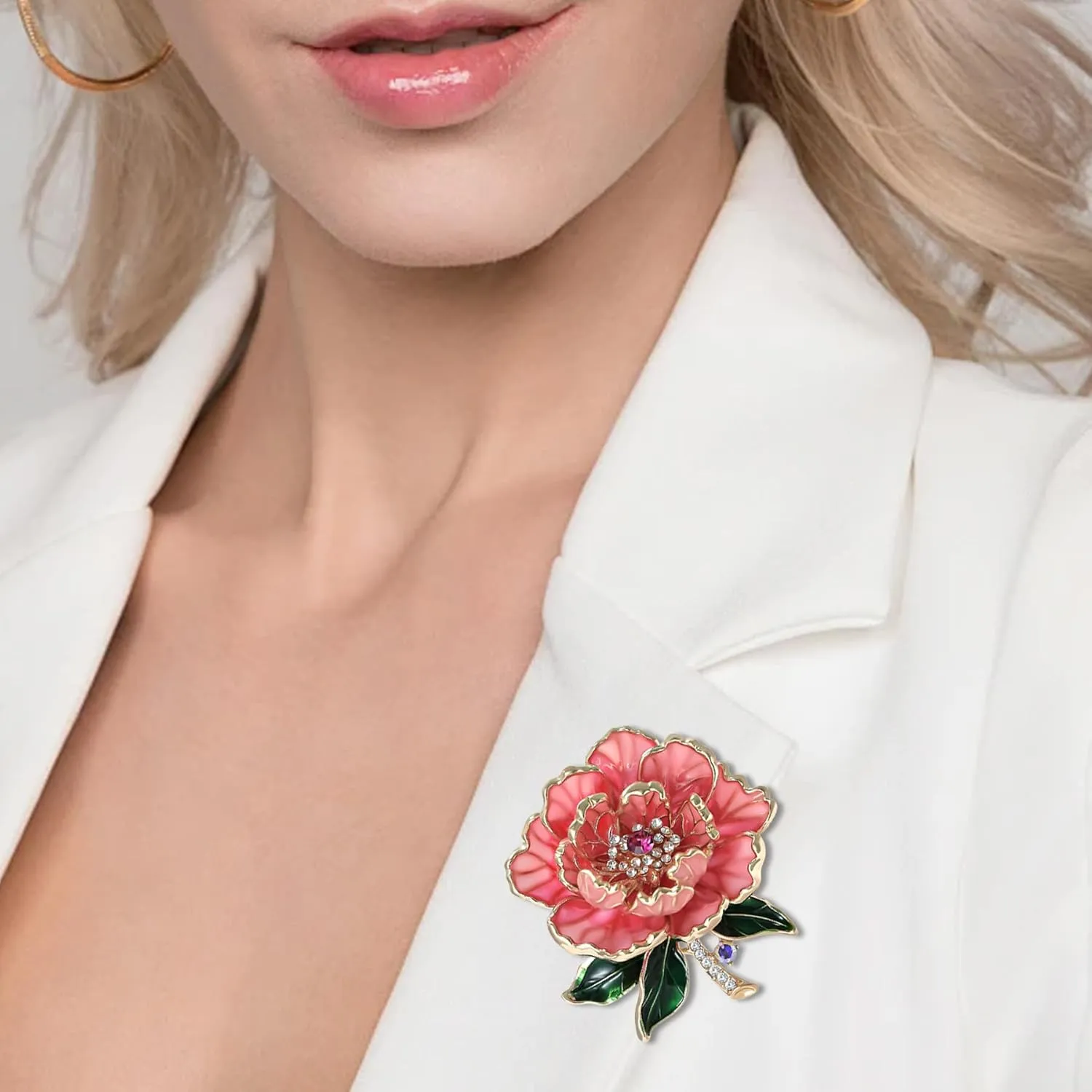 Crystal Peony Flower Brooch Pins for Women Elegant Enamel Rhinestone Pearl Floral Brooches Pin Fashion Jewelry for Party Dance Wedding Banquet Brooch for Women Girl Gift