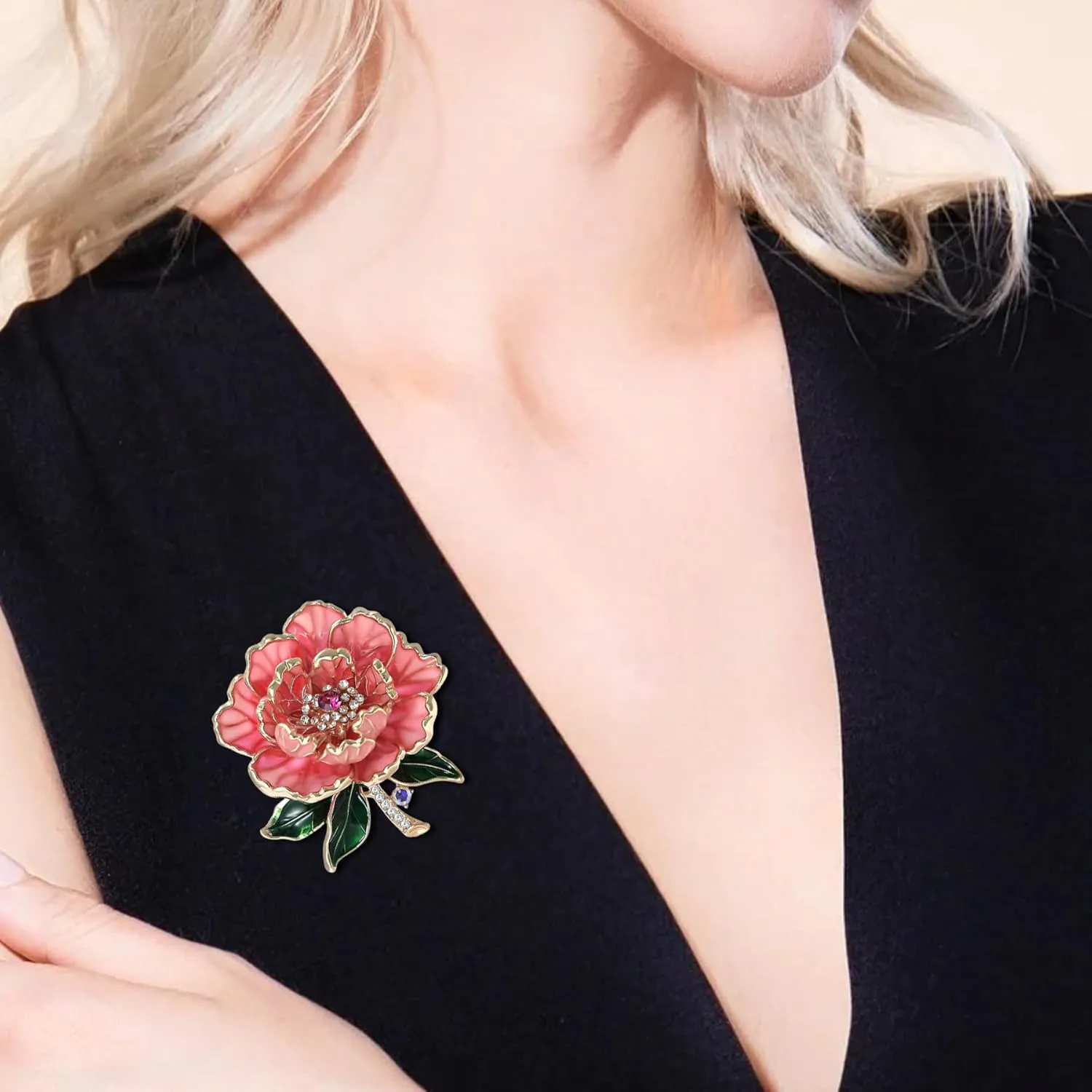 Crystal Peony Flower Brooch Pins for Women Elegant Enamel Rhinestone Pearl Floral Brooches Pin Fashion Jewelry for Party Dance Wedding Banquet Brooch for Women Girl Gift