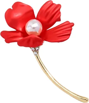 Crystal Red Flower Brooch Pins for Women Elegant Enamel Rhinestone Pearl Floral Brooches Pin Fashion Jewelry for Party Dance Wedding Banquet Brooch for Women Girl Gift