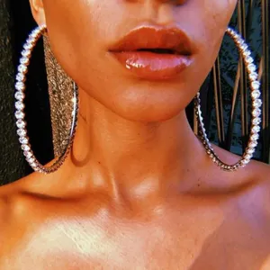 Crystal Rhinestone Hoop Earrings Extra Large Thin Statement Skinny Sparkle Bling Drop Circle Dangle Silver Gold Statement for Women Party Dance Fashion Jewelry (gold)