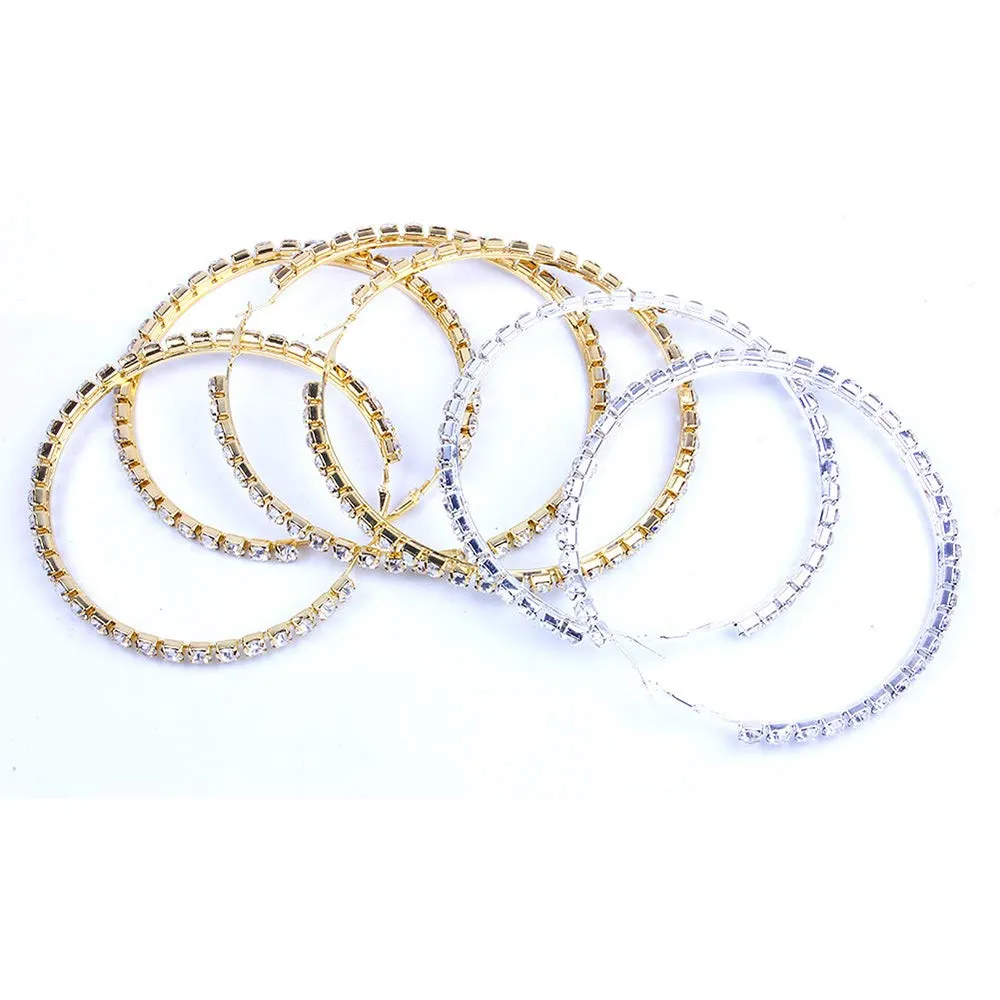 Crystal Rhinestone Hoop Earrings Extra Large Thin Statement Skinny Sparkle Bling Drop Circle Dangle Silver Gold Statement for Women Party Dance Fashion Jewelry (gold)
