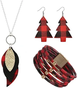 CSIYANJRY99 3 Pieces Christmas Plaid Print Jewelry Set Multi-Layer Bracelet Earrings Necklaces Faux Leather Plaid Dangle Earring Necklace Bracelet Lightweight Christmas jewelry Sets Gifts for Women