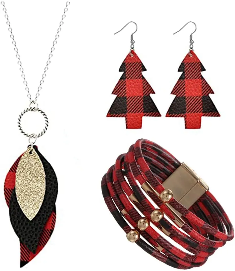 CSIYANJRY99 3 Pieces Christmas Plaid Print Jewelry Set Multi-Layer Bracelet Earrings Necklaces Faux Leather Plaid Dangle Earring Necklace Bracelet Lightweight Christmas jewelry Sets Gifts for Women