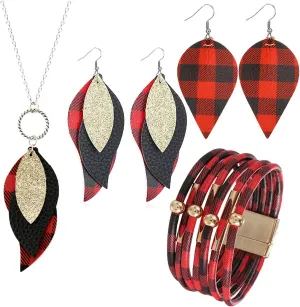 CSIYANJRY99 4 Pieces Buffalo Plaid Leather Earrings Necklace Bracelet Set,Christmas Red Black Plaid Jewelry Set Plaid Print Jewelry for Women