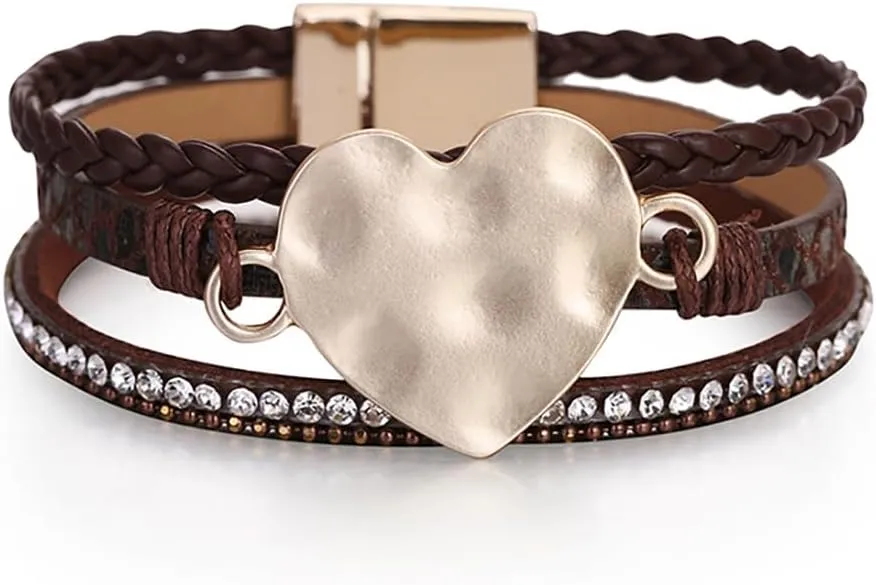 CSIYANJRY99 Leather Wrap Bracelet for Women Trendy Stackable Leather Cuff Bracelet Multilayer Boho Heart Snakeskin Print Leather Bangle Bracelets