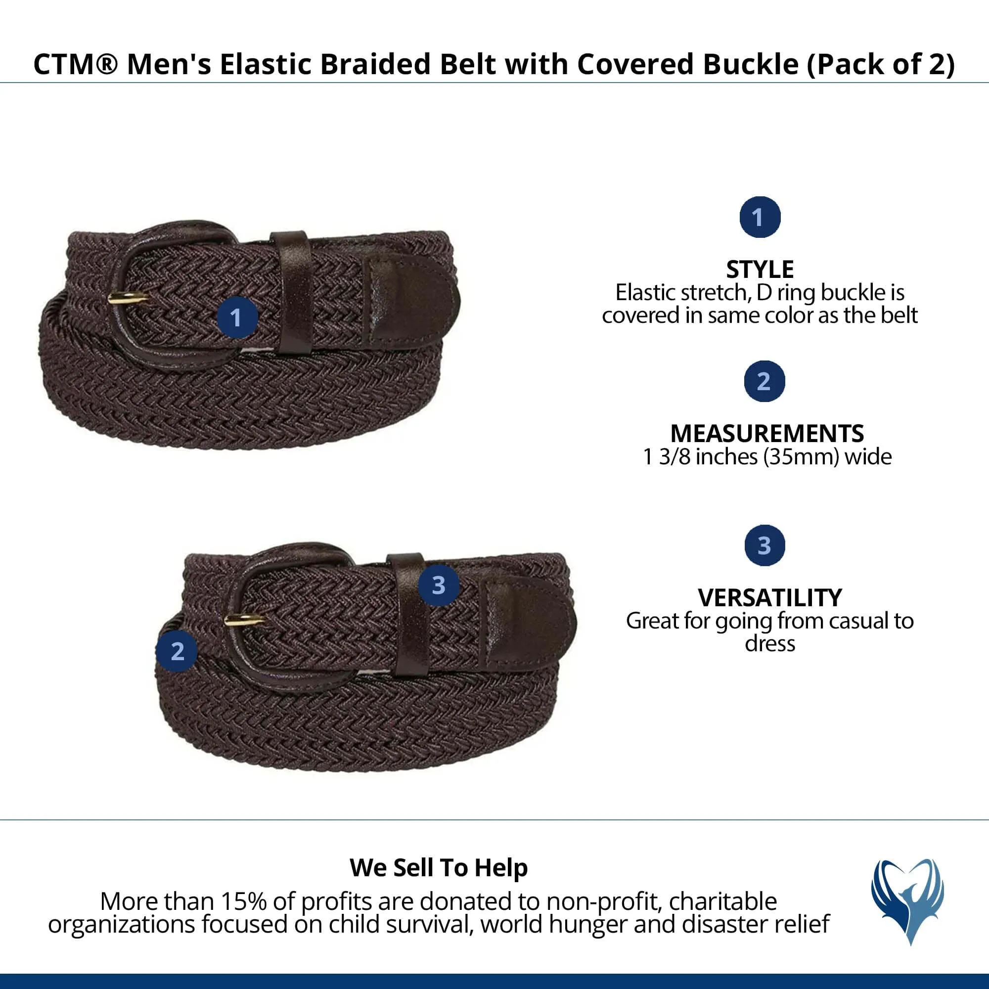 CTM® Men's Elastic Braided Belt with Covered Buckle (Pack of 2)
