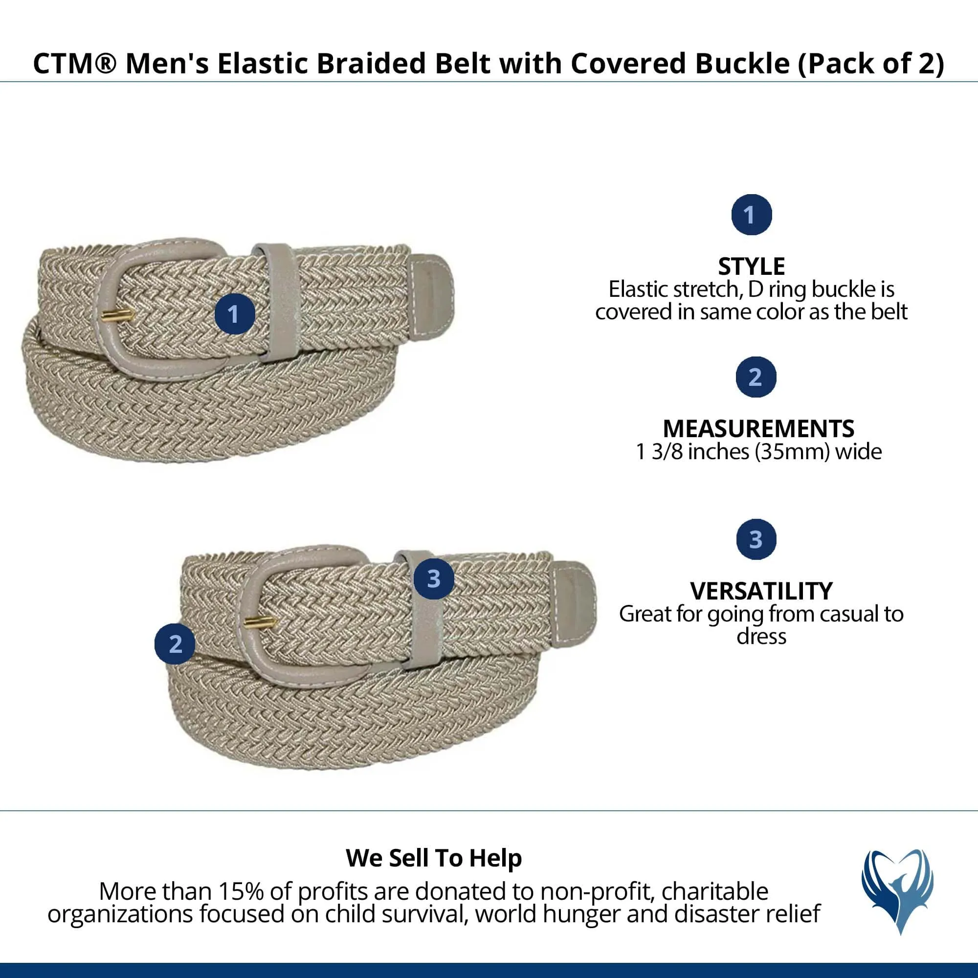 CTM® Men's Elastic Braided Belt with Covered Buckle (Pack of 2)