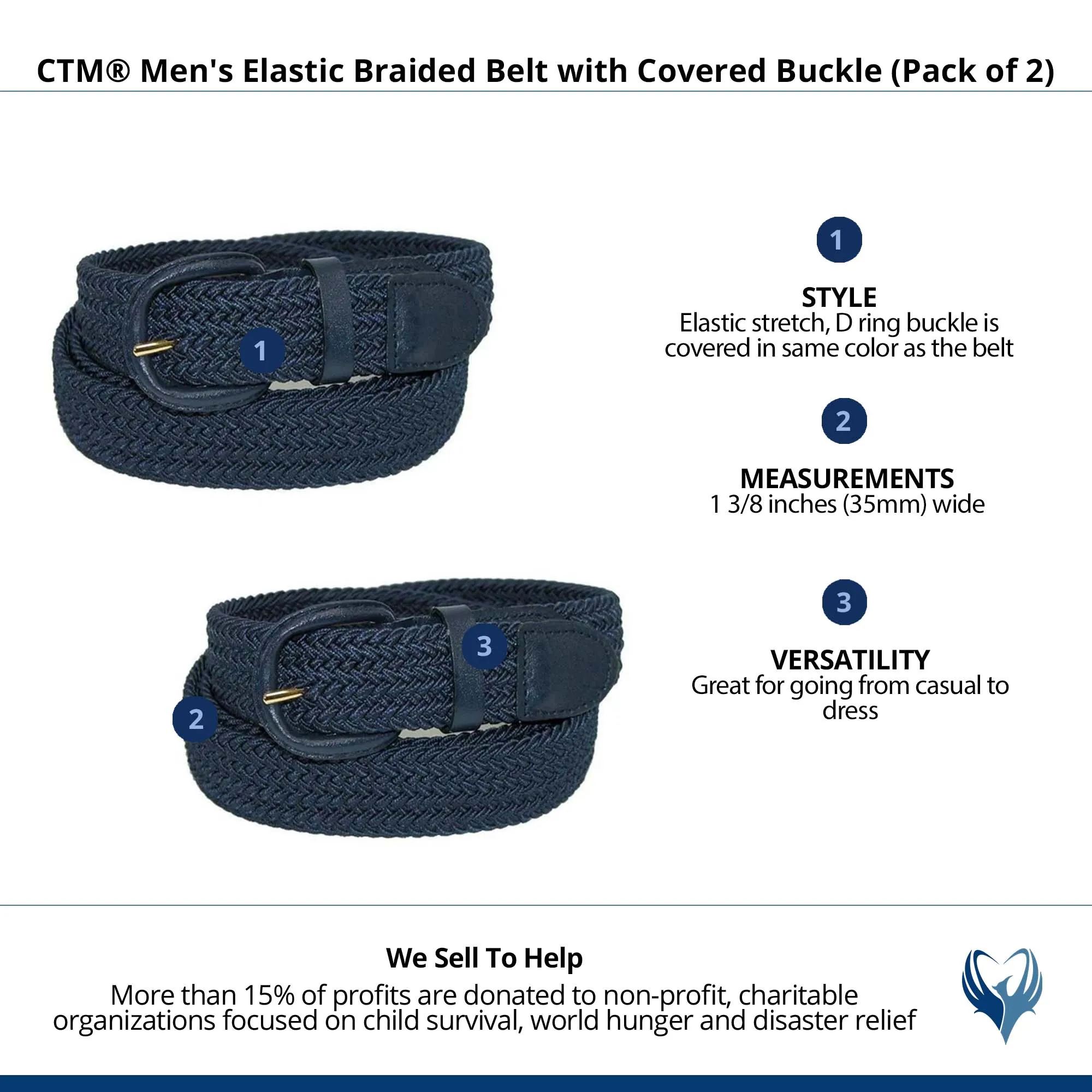 CTM® Men's Elastic Braided Belt with Covered Buckle (Pack of 2)