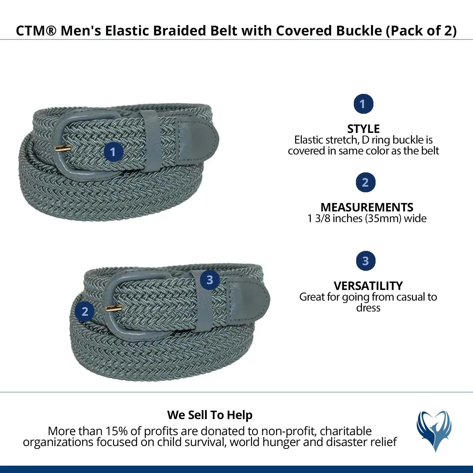 CTM® Men's Elastic Braided Belt with Covered Buckle (Pack of 2)