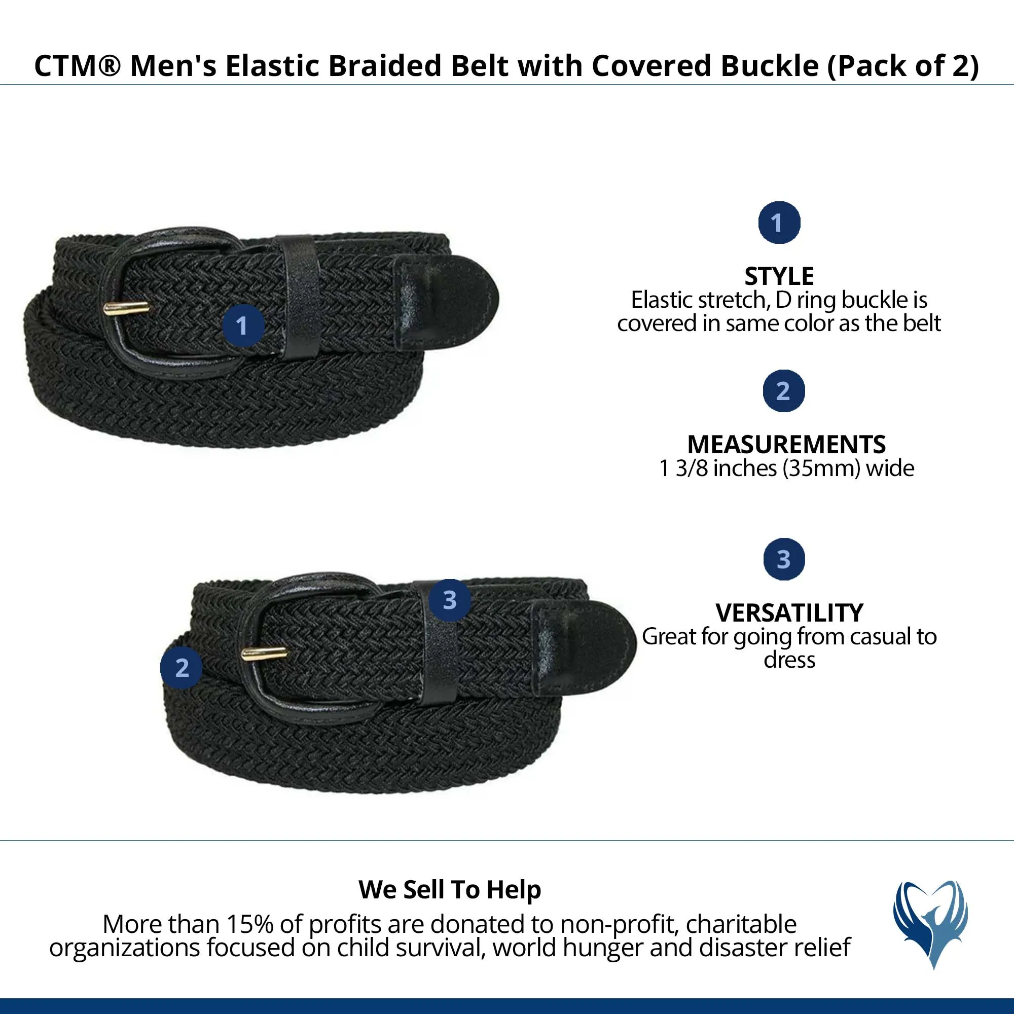 CTM® Men's Elastic Braided Belt with Covered Buckle (Pack of 2)