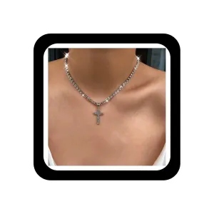 Cubic Zirconia Tennis Necklace Choker Cz Cross Pendant Choker Necklace Sparkly Crystal Chain Tennis Necklace Faux Diamond Crucifix Necklace Chain Religious Belief Jewelry for Women Men