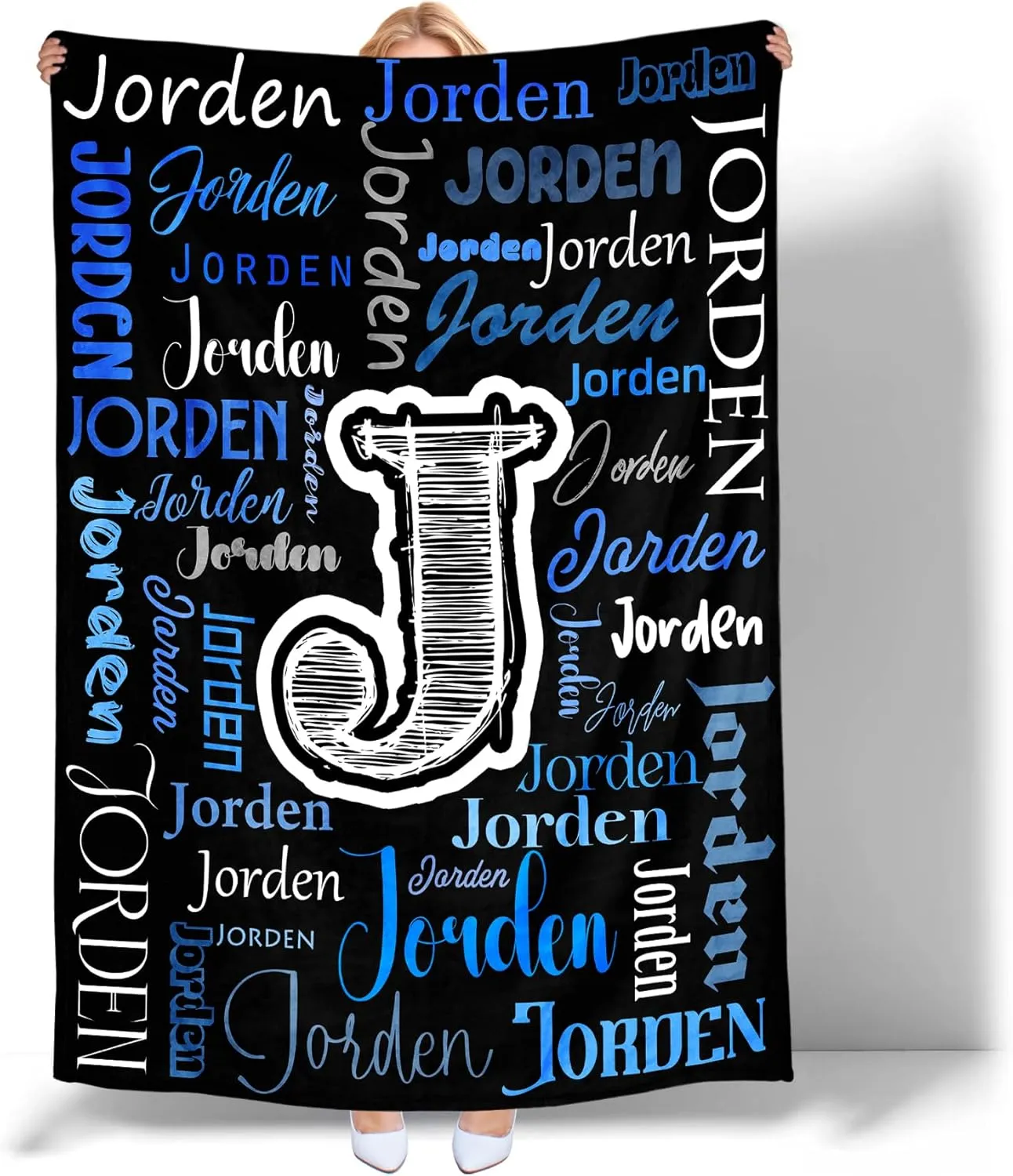 Custom Name Throw Blanket, Personalized Soft Plush Blanket with Name for Adults Kids, Customize Comfy Flannel Blanket Fleece Throw for Girls and Boys（Black Blue）