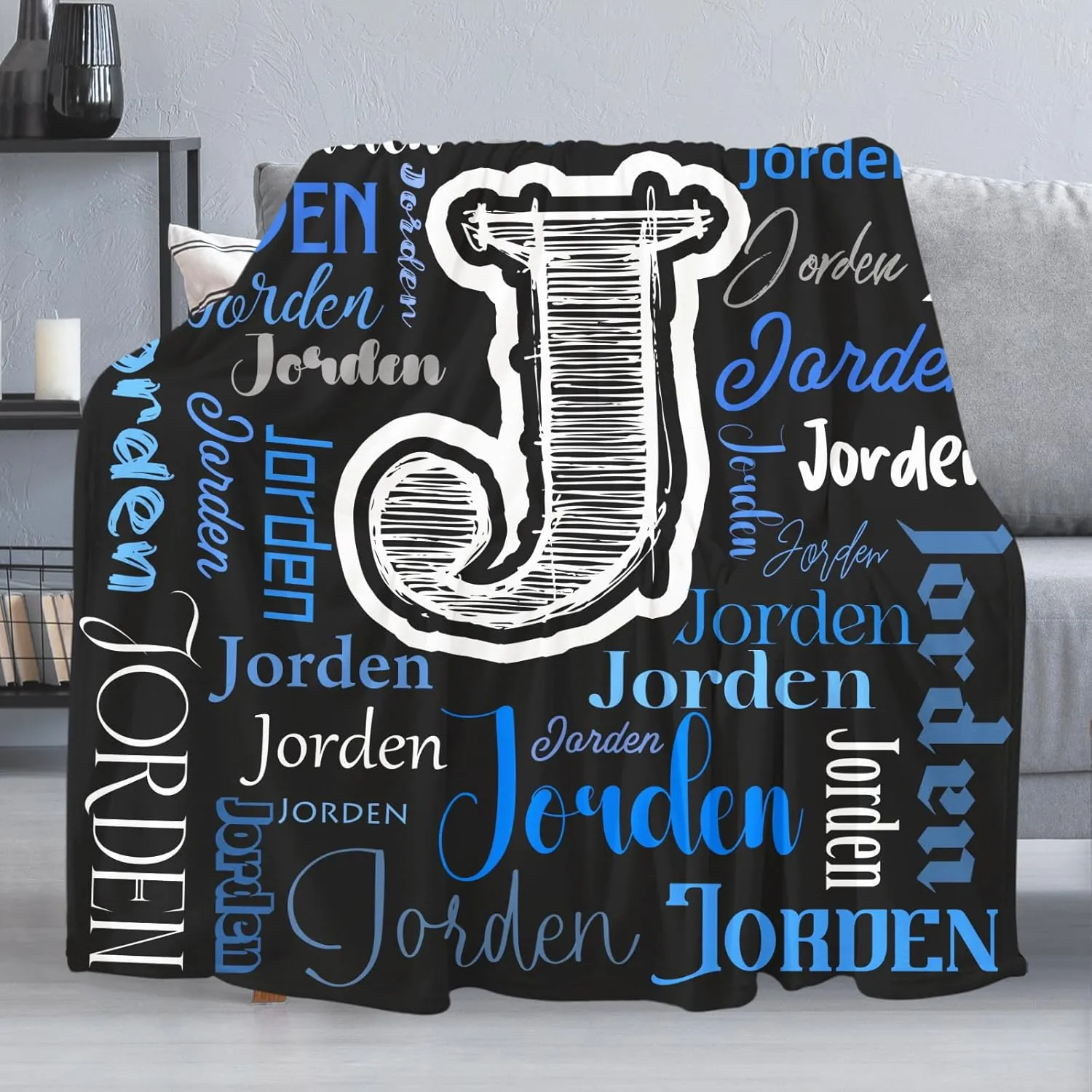 Custom Name Throw Blanket, Personalized Soft Plush Blanket with Name for Adults Kids, Customize Comfy Flannel Blanket Fleece Throw for Girls and Boys（Black Blue）